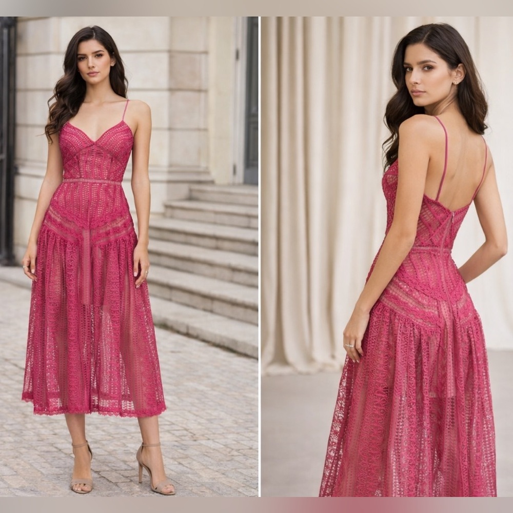 NWT Self-Portrait Guipure Lace Panel Midi Dress in fuchsia Pink Size US 4